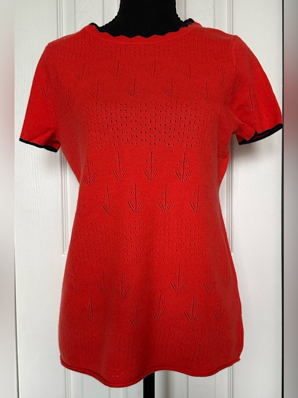 J.Crew 100% Cashmere Pointelle Short Sleeve Sweater Orange/Navy, Size Med